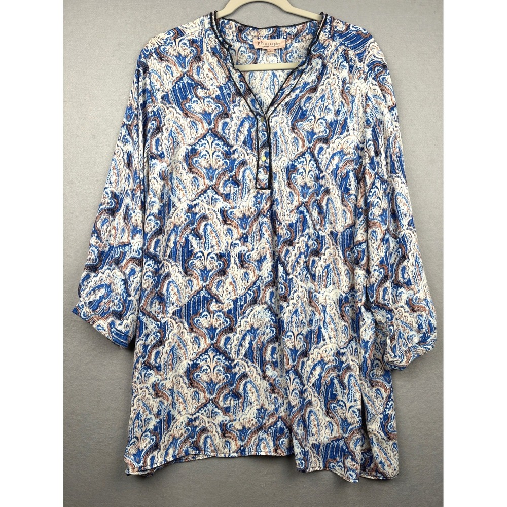 Philosophy Blouse Womens 2X Paisley Henley Roll Tab Sleeve Boho Chic